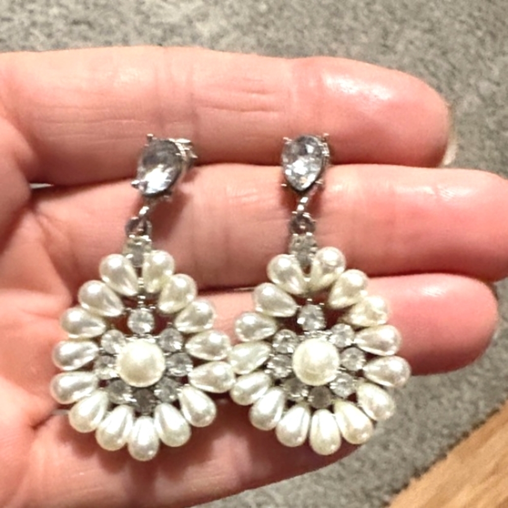 VINTAGE FAUX TEARDROP AND RHINESTONE SILVER-TONE DROP DANGLE POST 1.8" EARRINGS